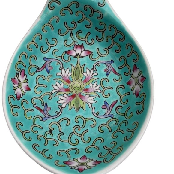 Vintage Chinese Ceramic Soup Spoon With Floral Design & Turquoise Glaze - Picture 2 of 5